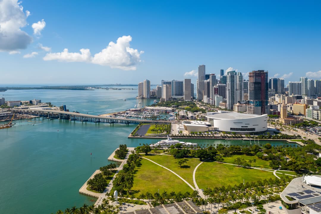 Aerial shot from the back of commercial area in Downtown Miami