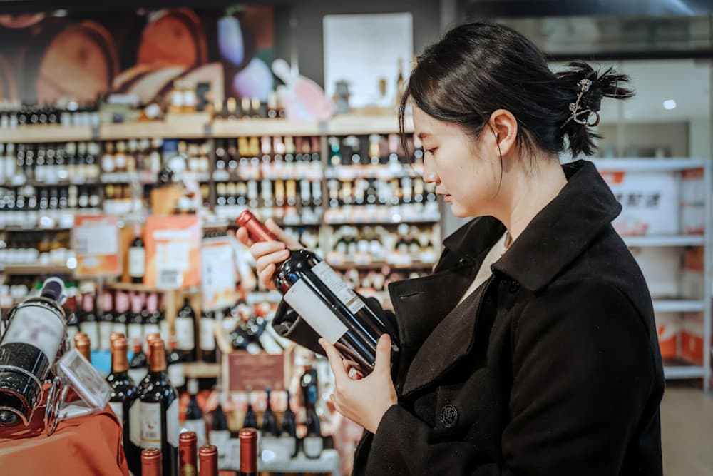 Woman browsing wine selection in supermarket