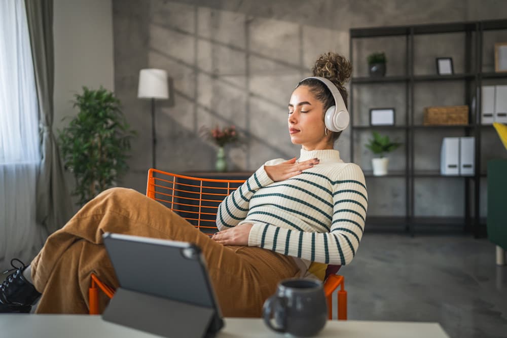 One woman meditate practice meditation at home