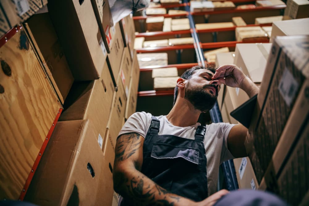 Stressed warehouse employee taking a quick mental health break with eyes closed and pinching the bridge of his nose.