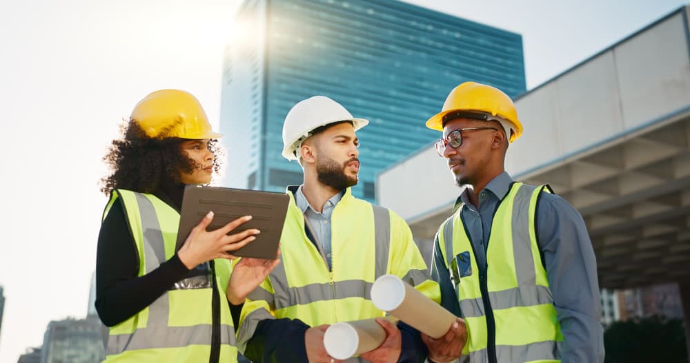 People, architect and team walking with tablet in planning for construction
