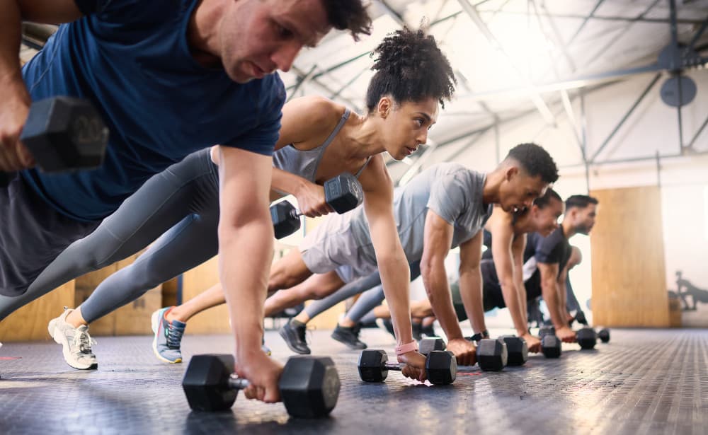 Strong, fitness and gym people with dumbbell teamwork training or exercise community, accountability and group.